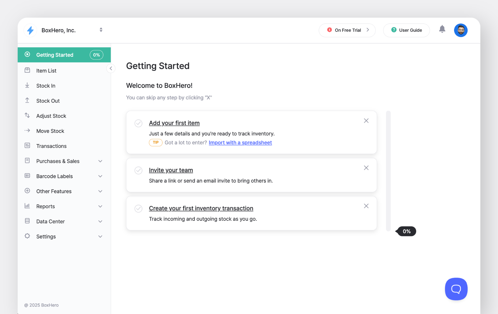 BoxHero New User Getting Started Screen